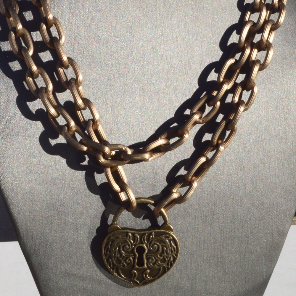Heart Lock Pendant Necklace Brass Chain Long Cable - Picture 2 of 5
